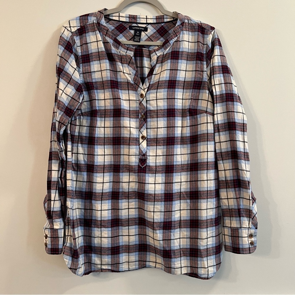 Women’s Lands’ End blue and red plaid button front pullover tunic top size 10